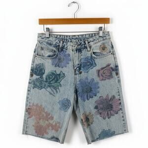 Ksubi Floral Print Raw Hem Long Denim Shorts Blue Light Wash Retro Y2K Size 26